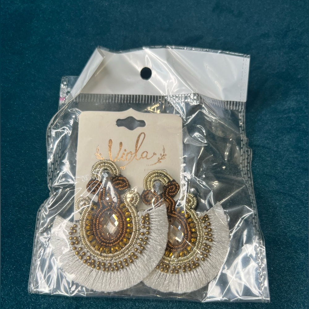 Boutique earrings beaded with white, gold, brown. NWTs